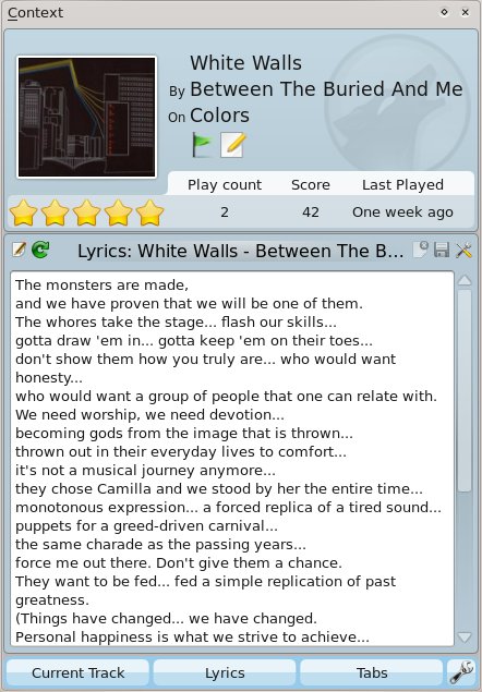 Context Pane with Current Track, Lyrics and Tabs applets.