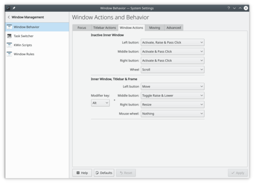 Window Behavior Actions settings