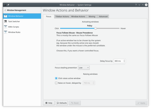 Window Behavior Focus settings