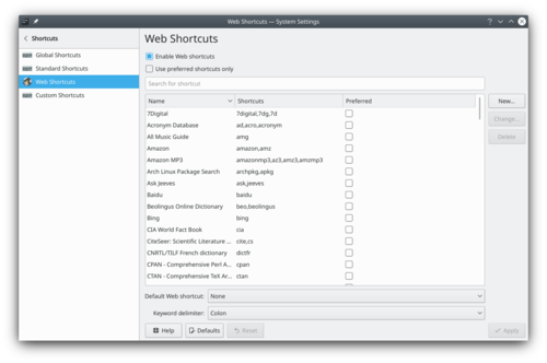 Fenêtres de configuration des raccourcis web